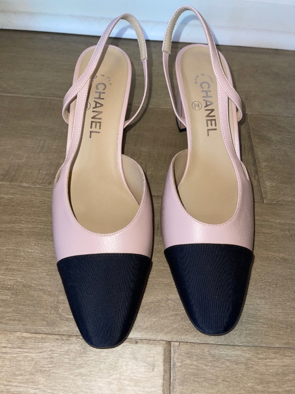 Light pink Chanel cap toe slingbacks—never worn